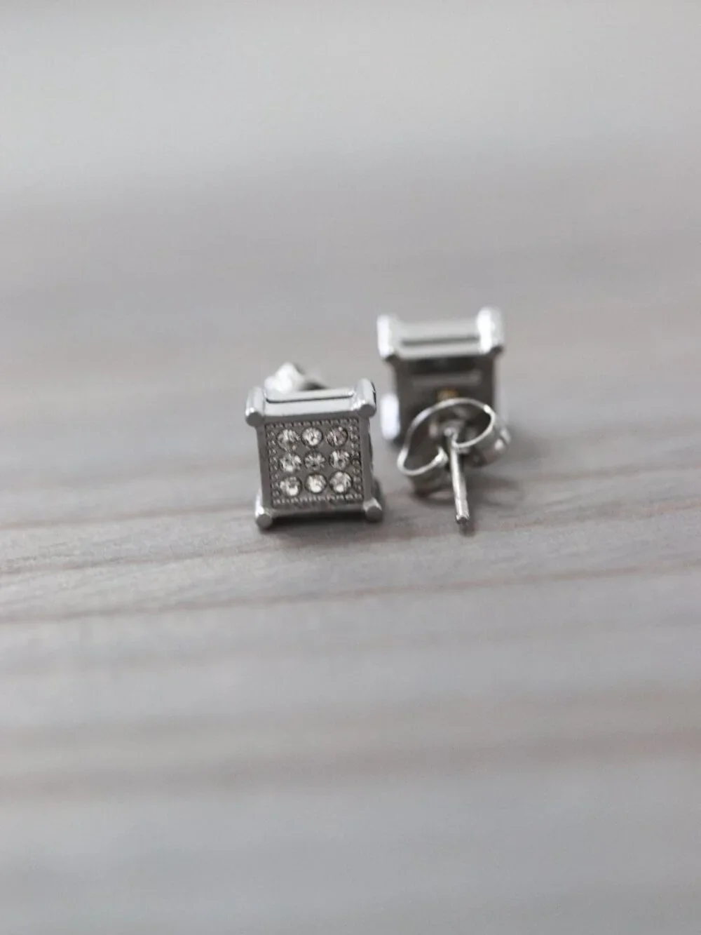 7mm Square CZ Micro Pave Style 4-Prong Stud Earrings Silver Stainless Steel